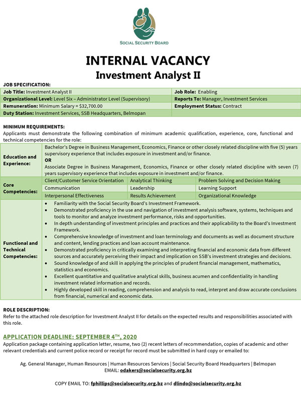 Investment Analyst Ii Vacancy Social Security Board Belize