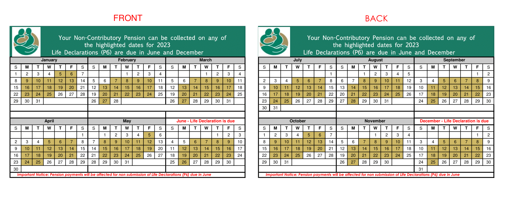 2023 Pension Calendars Social Security Board, Belize